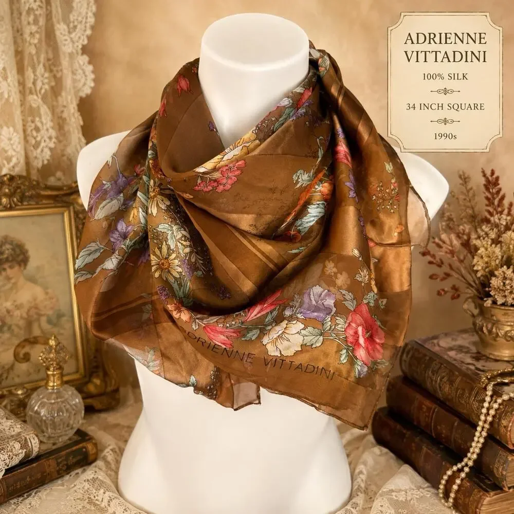 Vintage Adrienne Vittadini Silk Floral Scarf 90s Brown Rust Purple 34x34 34